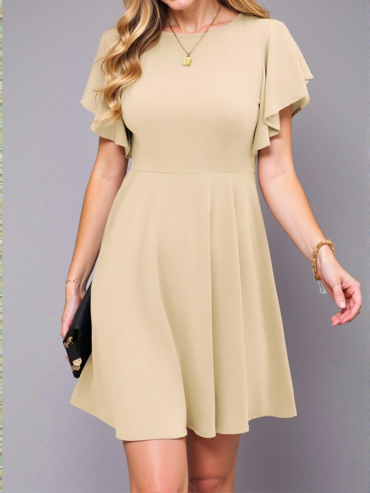 Elegant Apricot Flared A-Line Dress with Ruffled Flounce Sleeves for Spring and Summer - Chic, Classy and Trendy Fashion Style to Dress to Impress