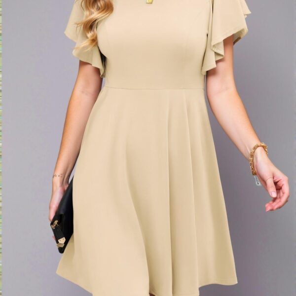 Elegant Apricot Flared A-Line Dress with Ruffled Flounce Sleeves for Spring and Summer - Chic, Classy and Trendy Fashion Style to Dress to Impress