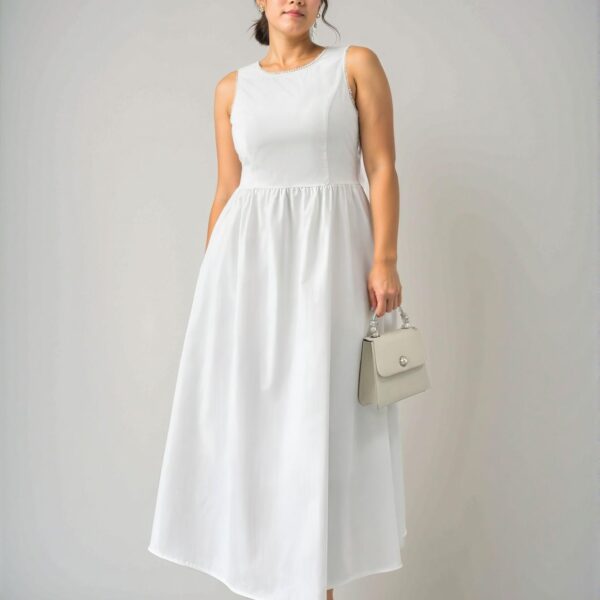 Elegant White A-Line Backless Maxi Dress with Bowknot & Pearl Decor, Perfect for Weddings, Birthdays, Valentine's Day, Concerts, and Formal Events - Chic, Classy and Trendy Fashion Style to Dress to Impress