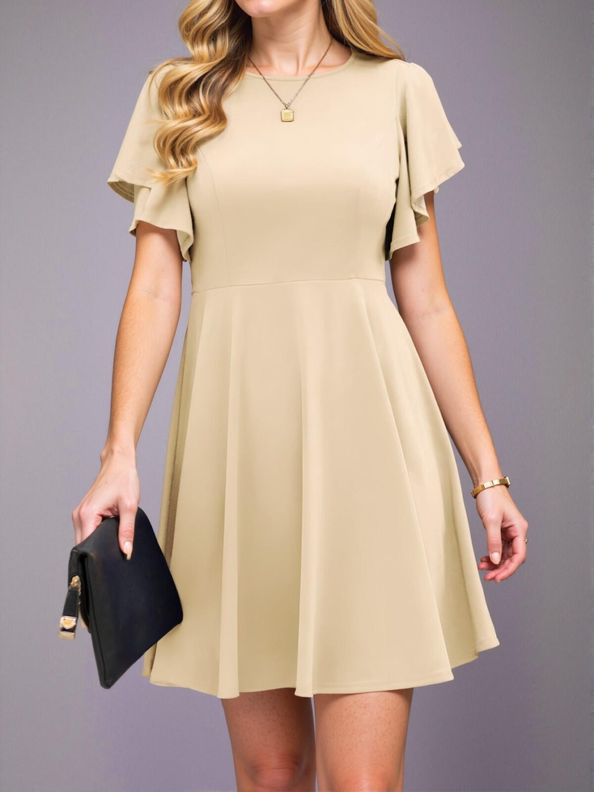 Elegant Apricot Flared A-Line Dress with Ruffled Flounce Sleeves for Spring and Summer - Chic, Classy and Trendy Fashion Style to Dress to Impress - Image 3