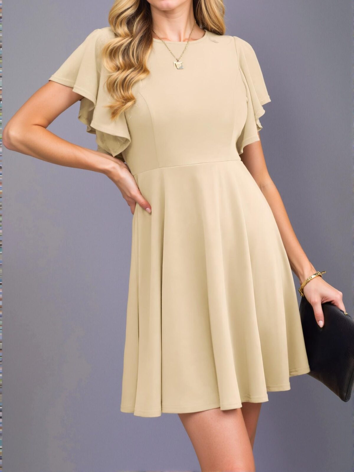 Elegant Apricot Flared A-Line Dress with Ruffled Flounce Sleeves for Spring and Summer - Chic, Classy and Trendy Fashion Style to Dress to Impress - Image 5