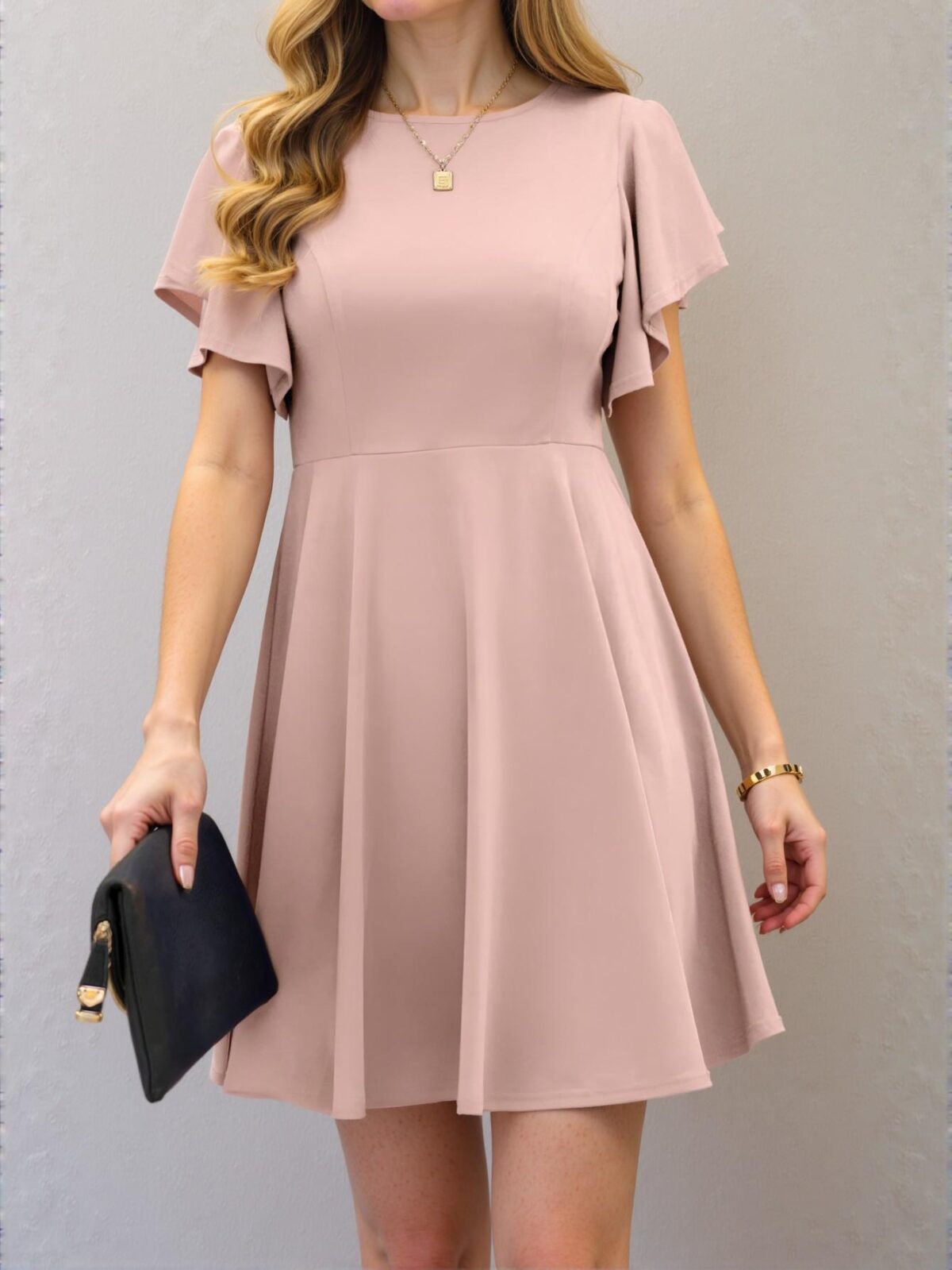 Elegant Khaki Chic Ruffle Sleeve Mini Dress for Warm Weather Gatherings – Classy and Trendy Fashion Style to Dress to Impress - Image 3