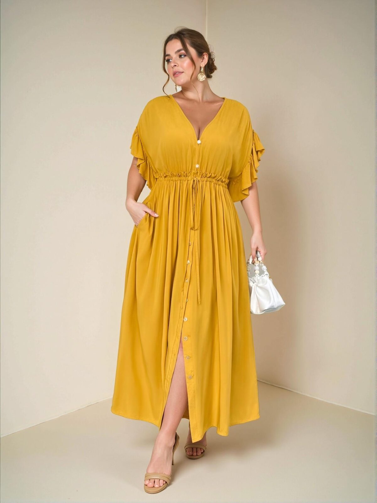Elegant Yellow Ruffle Sleeve Drawstring Waist Maxi Beach Gown for Plus Size Women - Chic, Classy and Trendy Fashion Style to Dress to Impress