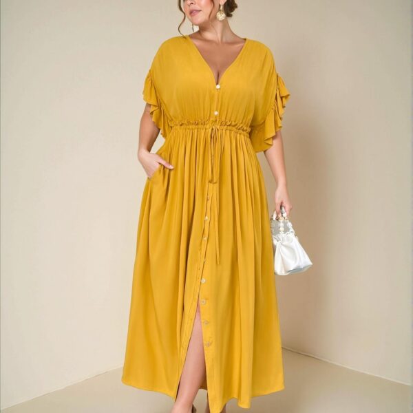 Elegant Yellow Ruffle Sleeve Drawstring Waist Maxi Beach Gown for Plus Size Women - Chic, Classy and Trendy Fashion Style to Dress to Impress
