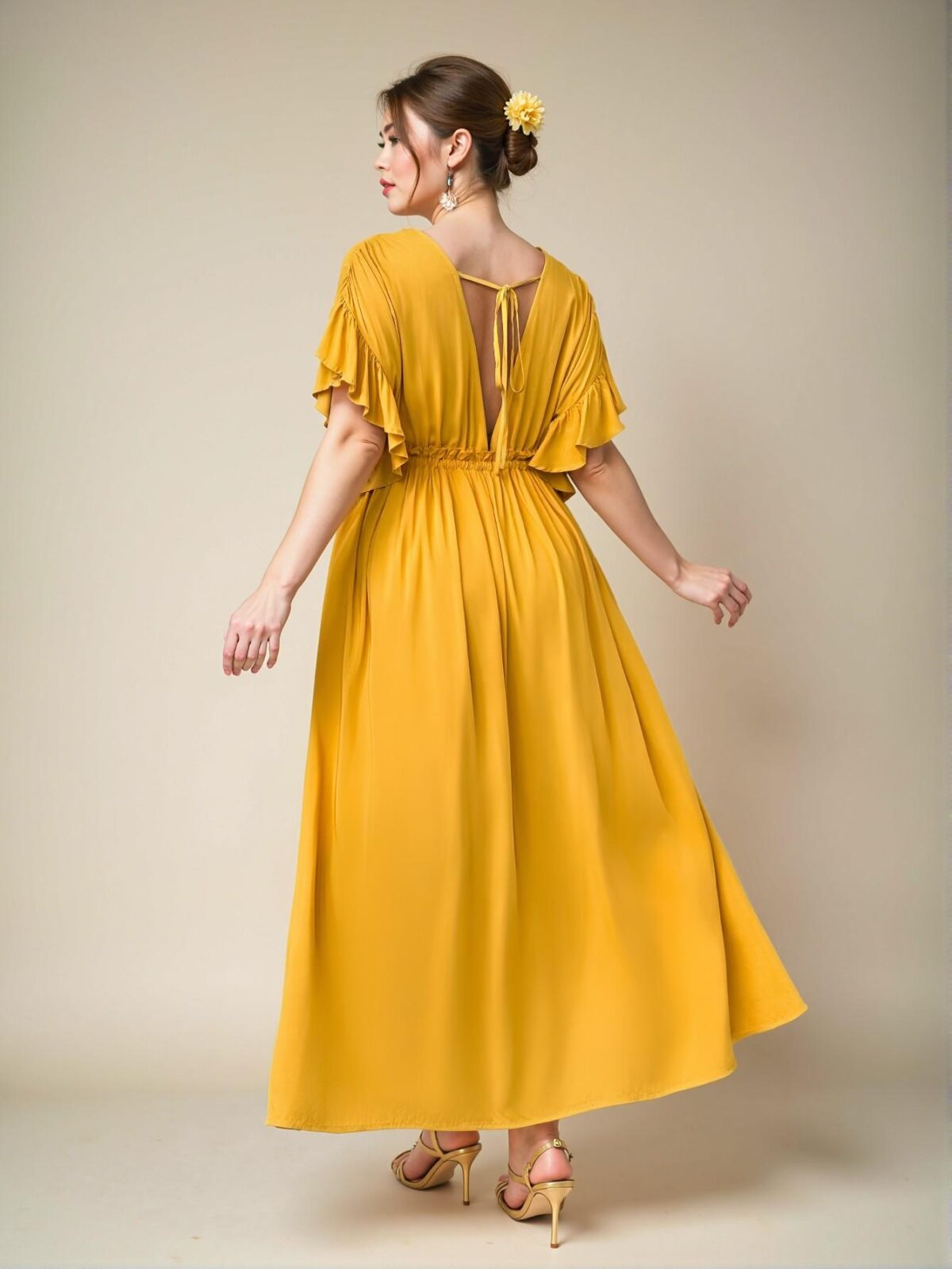 Elegant Yellow Ruffle Sleeve Drawstring Waist Maxi Beach Gown for Plus Size Women - Chic, Classy and Trendy Fashion Style to Dress to Impress - Image 2