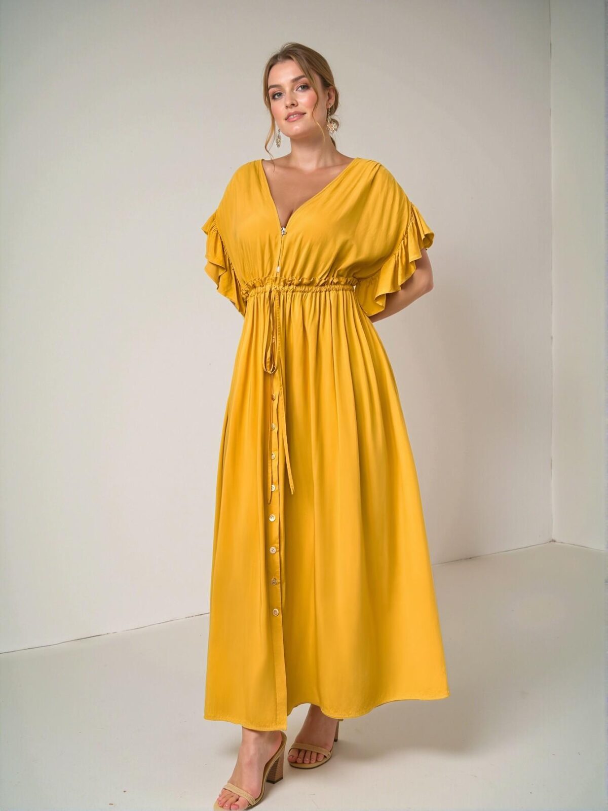 Elegant Yellow Ruffle Sleeve Drawstring Waist Maxi Beach Gown for Plus Size Women - Chic, Classy and Trendy Fashion Style to Dress to Impress - Image 3