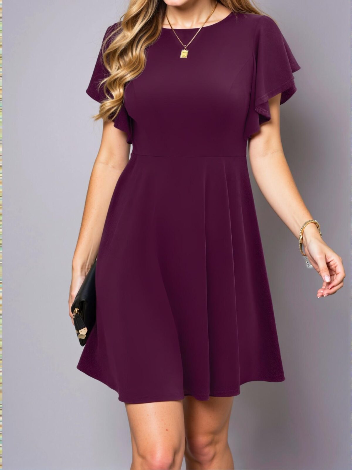 Elegant Purple Flounce Sleeve High Waist A-Line Dress for Casual Spring and Summer Outings - Chic, Classy and Trendy Fashion Style to Dress to Impress