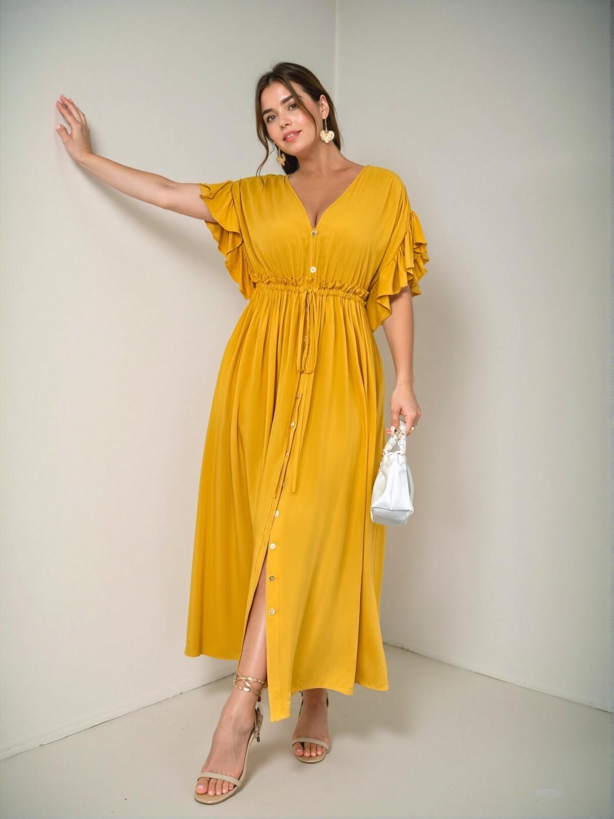 Elegant Yellow Ruffle Sleeve Drawstring Waist Maxi Beach Gown for Plus Size Women - Chic, Classy and Trendy Fashion Style to Dress to Impress - Image 4