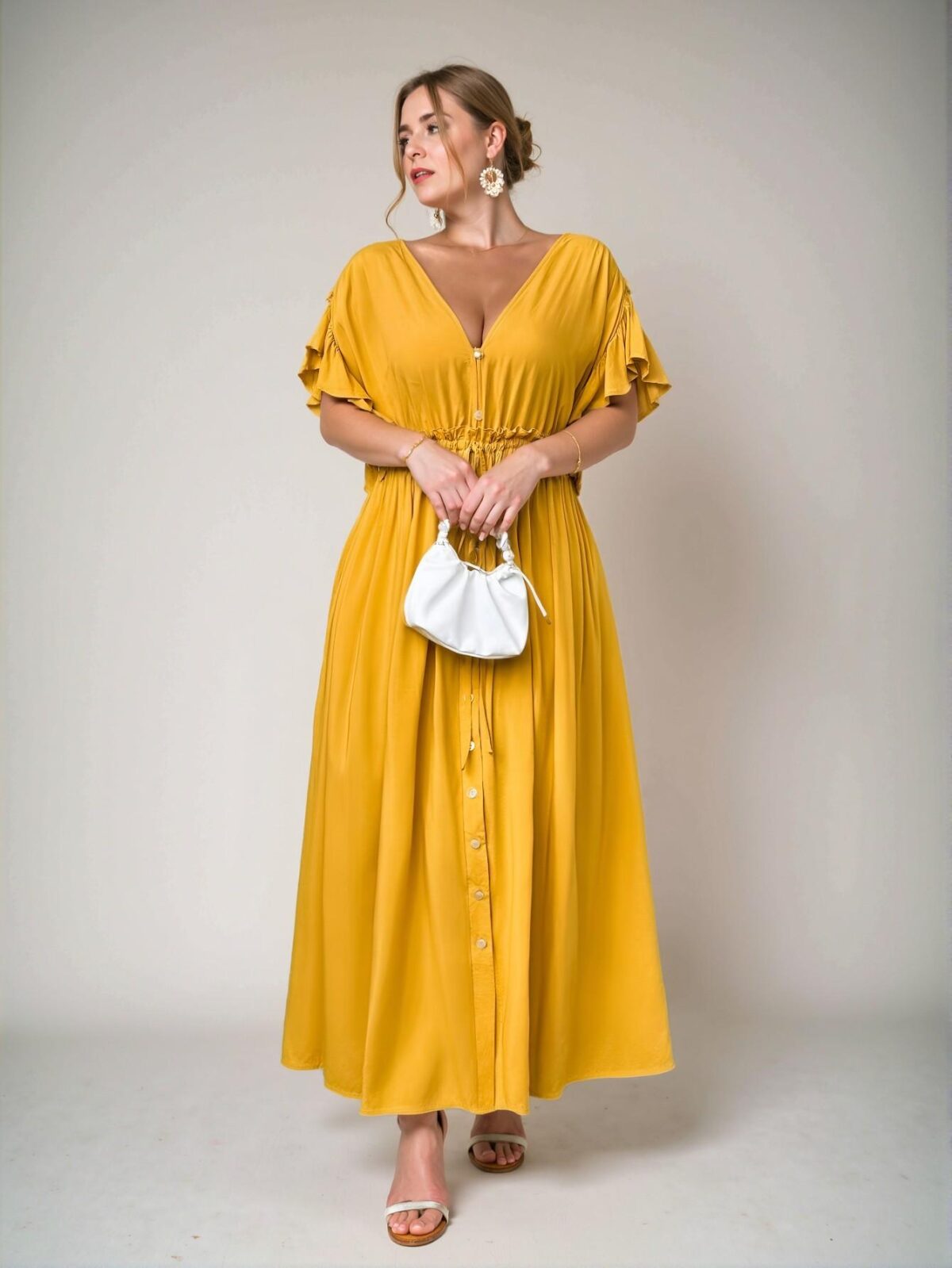 Elegant Yellow Ruffle Sleeve Drawstring Waist Maxi Beach Gown for Plus Size Women - Chic, Classy and Trendy Fashion Style to Dress to Impress - Image 5