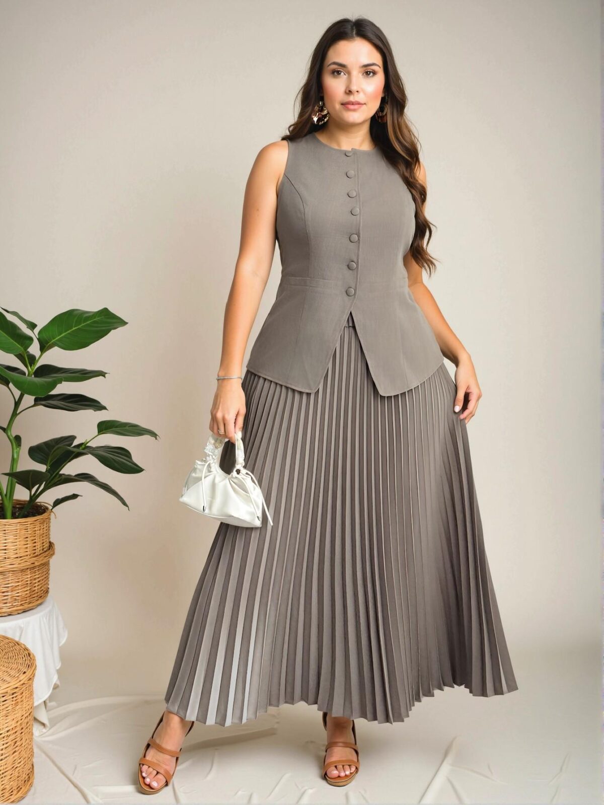Elegant Khaki Sophisticated Plus Size Women's Faux Pocket Boat Neck Blazer Vest and Pleated Skirt Set - Chic, Classy, and Trendy Fashion Style to Dress to Impress