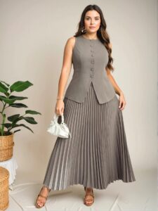 Elegant Khaki Sophisticated Plus Size Women's Faux Pocket Boat Neck Blazer Vest and Pleated Skirt Set - Chic, Classy, and Trendy Fashion Style to Dress to Impress