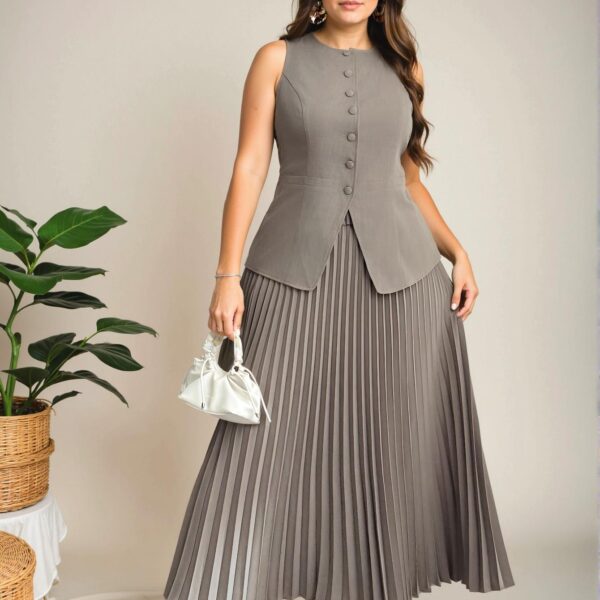 Elegant Khaki Sophisticated Plus Size Women's Faux Pocket Boat Neck Blazer Vest and Pleated Skirt Set - Chic, Classy, and Trendy Fashion Style to Dress to Impress
