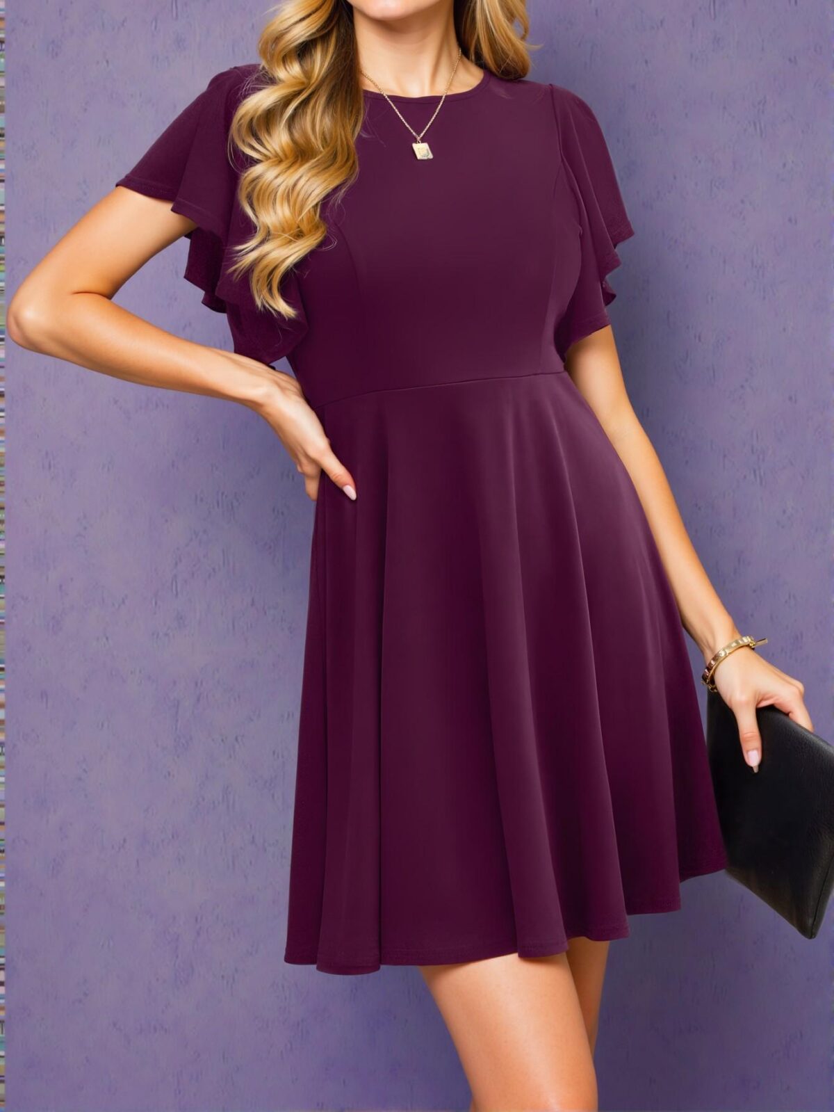 Elegant Purple Flounce Sleeve High Waist A-Line Dress for Casual Spring and Summer Outings - Chic, Classy and Trendy Fashion Style to Dress to Impress - Image 4