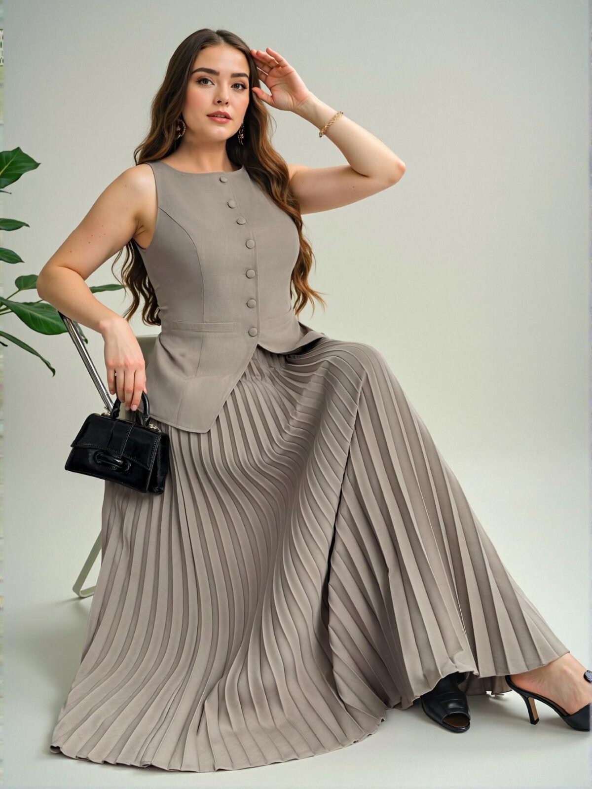 Elegant Khaki Sophisticated Plus Size Women's Faux Pocket Boat Neck Blazer Vest and Pleated Skirt Set - Chic, Classy, and Trendy Fashion Style to Dress to Impress - Image 2