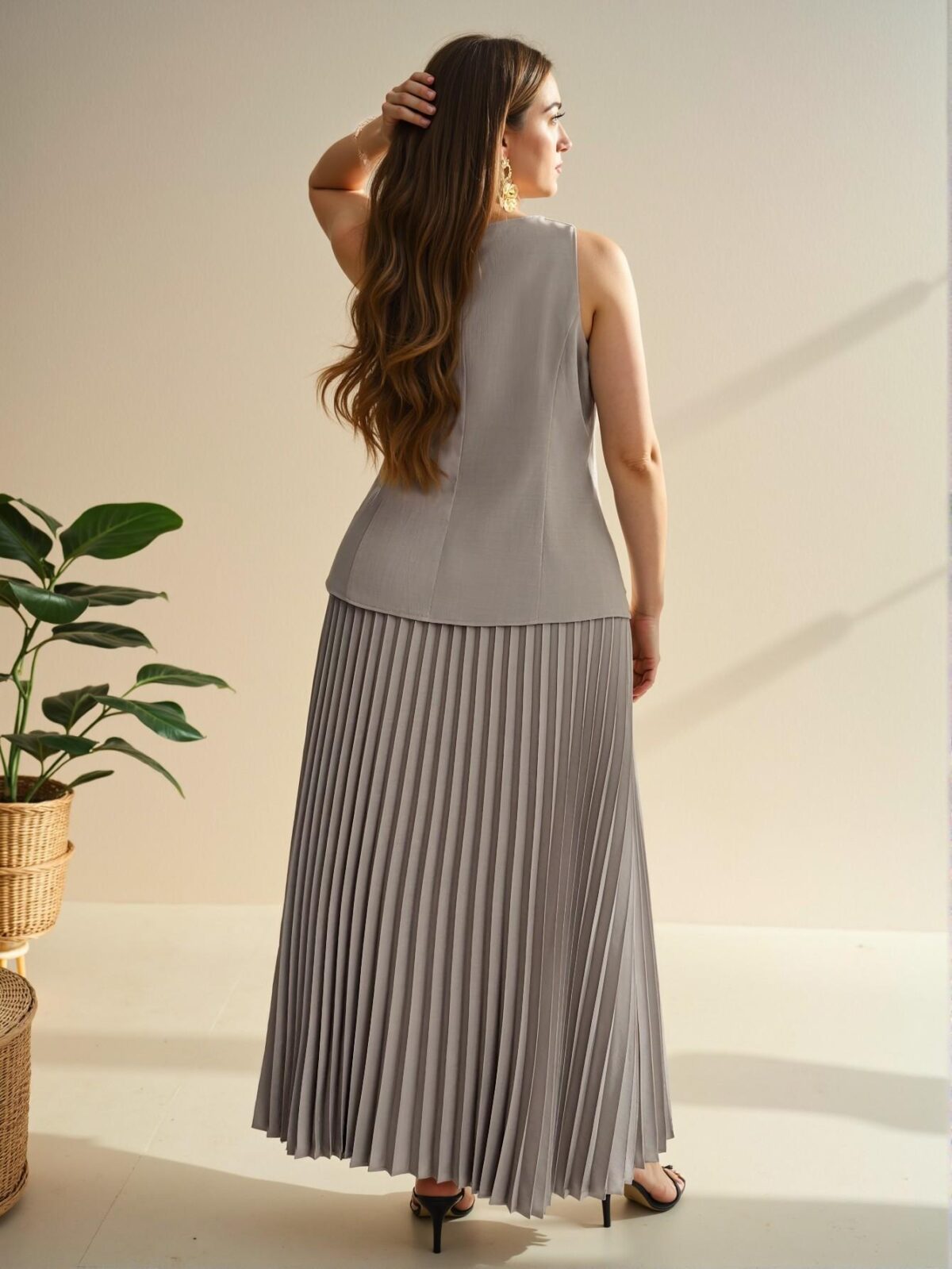 Elegant Khaki Sophisticated Plus Size Women's Faux Pocket Boat Neck Blazer Vest and Pleated Skirt Set - Chic, Classy, and Trendy Fashion Style to Dress to Impress - Image 3