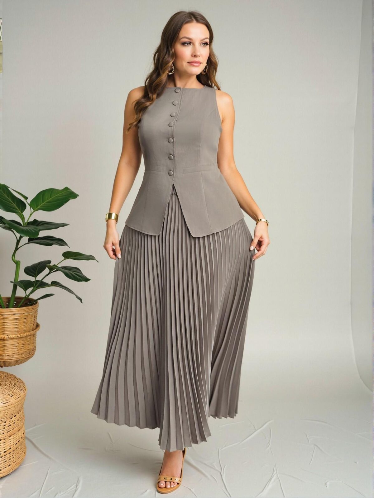 Elegant Khaki Sophisticated Plus Size Women's Faux Pocket Boat Neck Blazer Vest and Pleated Skirt Set - Chic, Classy, and Trendy Fashion Style to Dress to Impress - Image 4