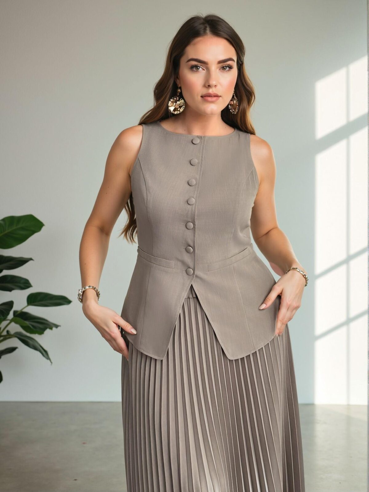 Elegant Khaki Sophisticated Plus Size Women's Faux Pocket Boat Neck Blazer Vest and Pleated Skirt Set - Chic, Classy, and Trendy Fashion Style to Dress to Impress - Image 5