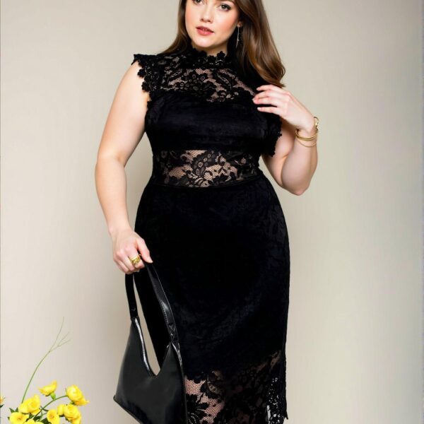 Elegant Black Lace Cap Sleeve Midi Dress for Special Occasions, Romantic and Fitting Design Perfect for Weddings and Parties, Chic, Classy and Trendy Fashion Style to Dress to Impress