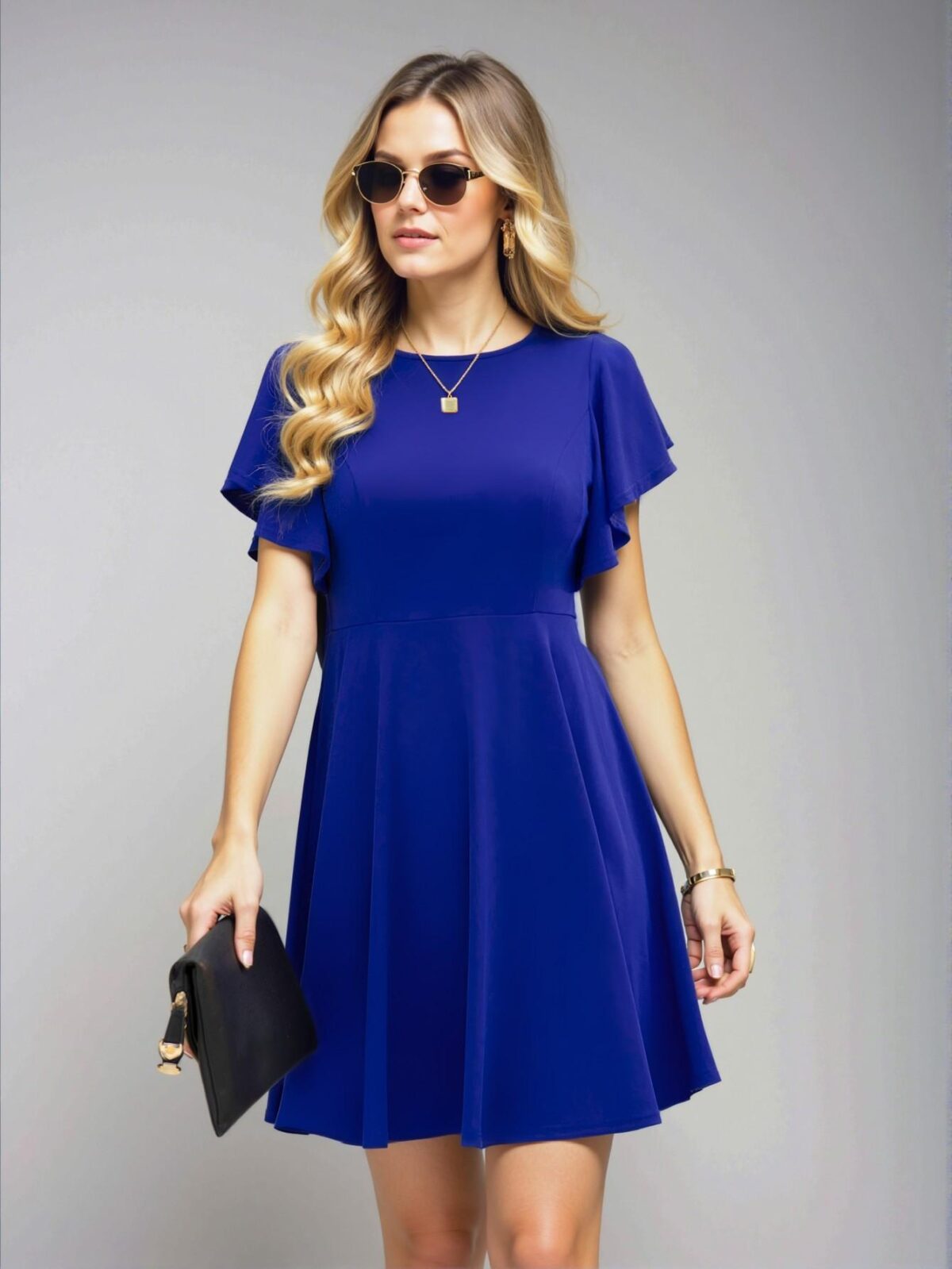 Elegant Royal Blue Flounce Sleeve A-Line Dress for Spring and Summer - Chic, Classy and Trendy Fashion Style to Dress to Impress - Image 3