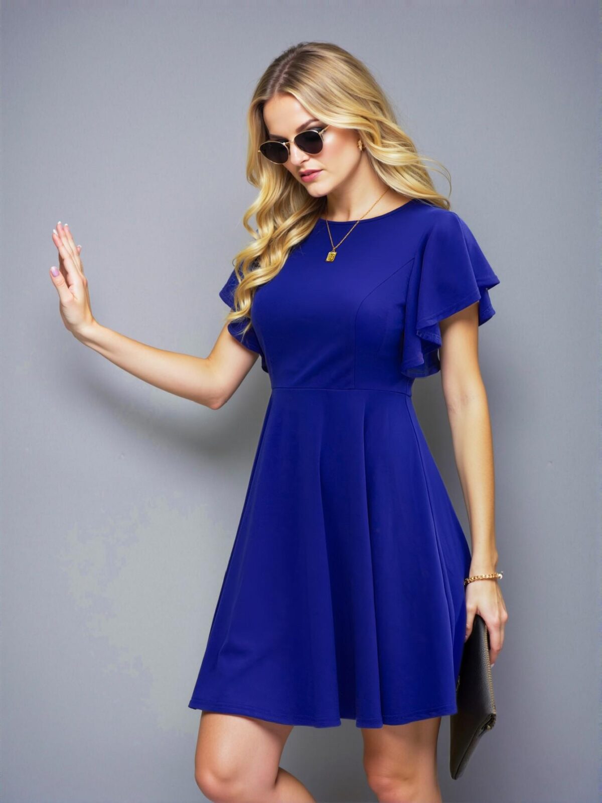Elegant Royal Blue Flounce Sleeve A-Line Dress for Spring and Summer - Chic, Classy and Trendy Fashion Style to Dress to Impress - Image 4