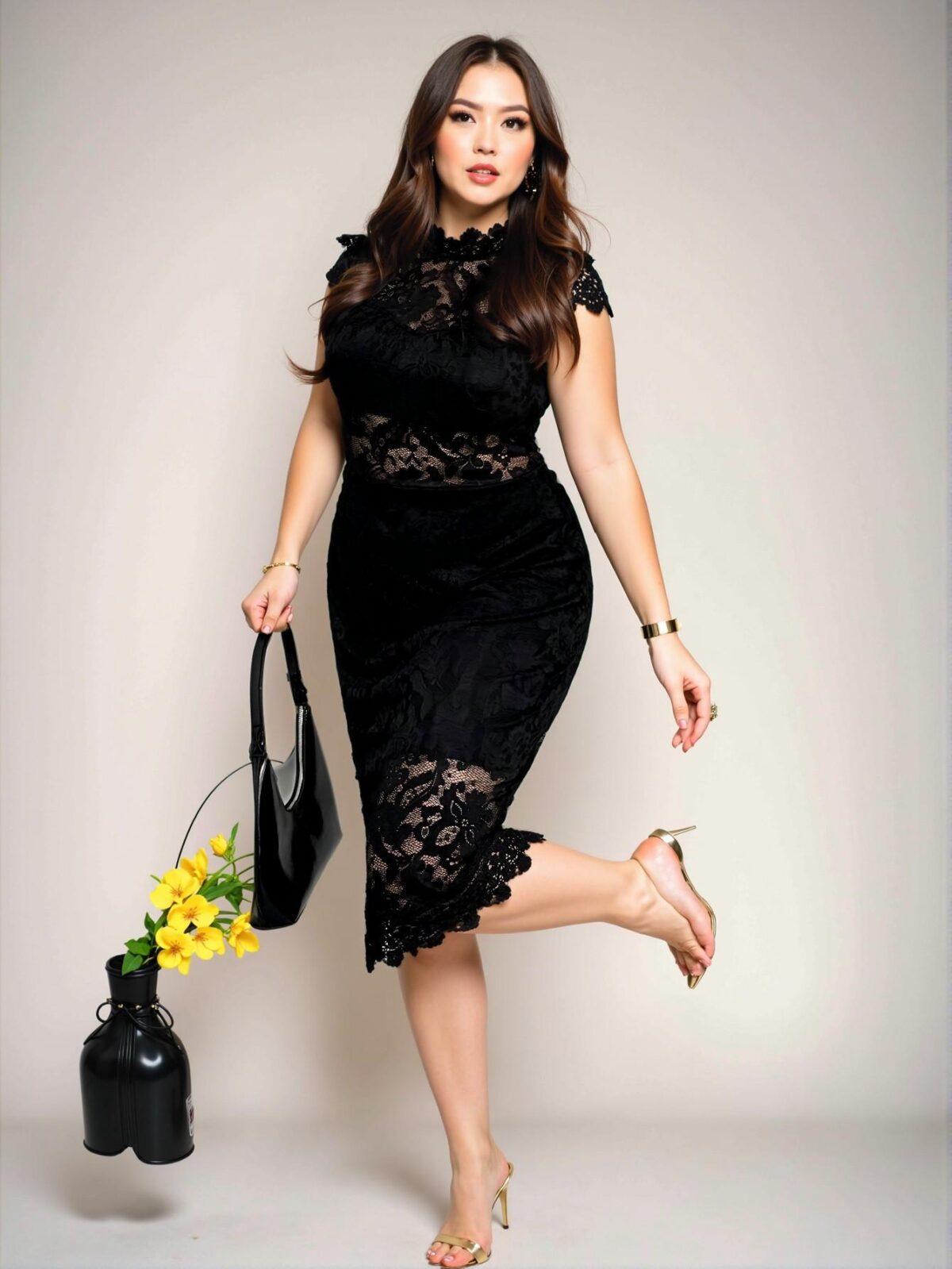 Elegant Black Lace Cap Sleeve Midi Dress for Special Occasions, Romantic and Fitting Design Perfect for Weddings and Parties, Chic, Classy and Trendy Fashion Style to Dress to Impress - Image 3