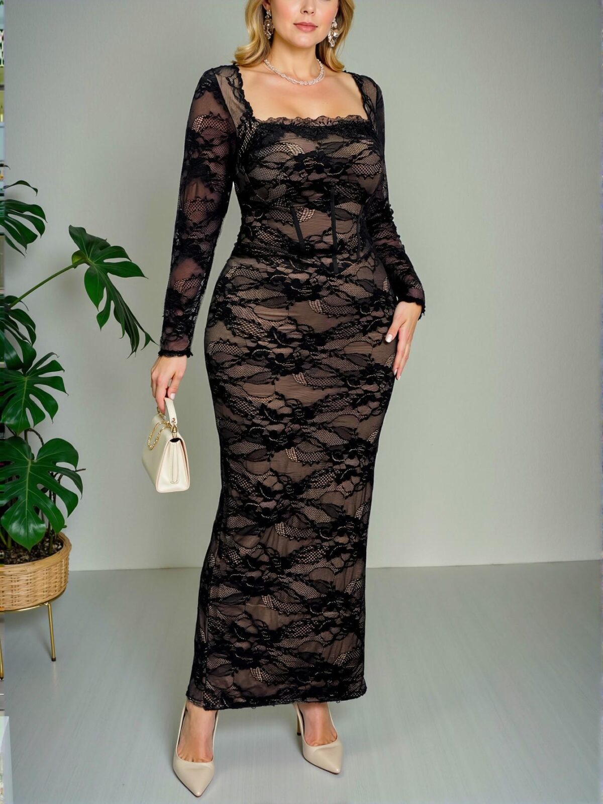 Elegant Black Bodycon Lace Dress with Long Sleeves and High Slit for Parties, Dates, and Evenings - Chic, Classy and Trendy Fashion Style to Dress to Impress