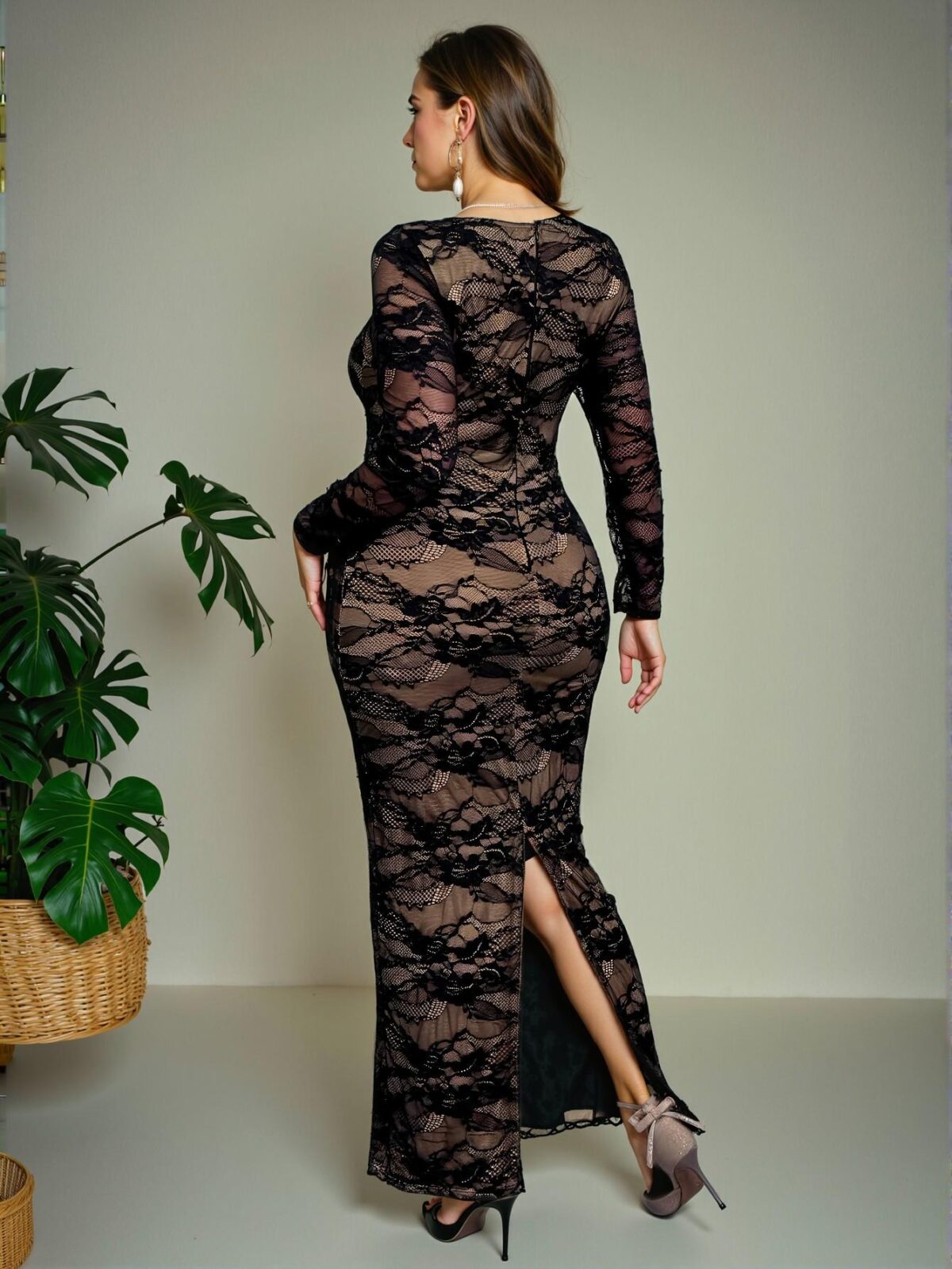 Elegant Black Bodycon Lace Dress with Long Sleeves and High Slit for Parties, Dates, and Evenings - Chic, Classy and Trendy Fashion Style to Dress to Impress - Image 2