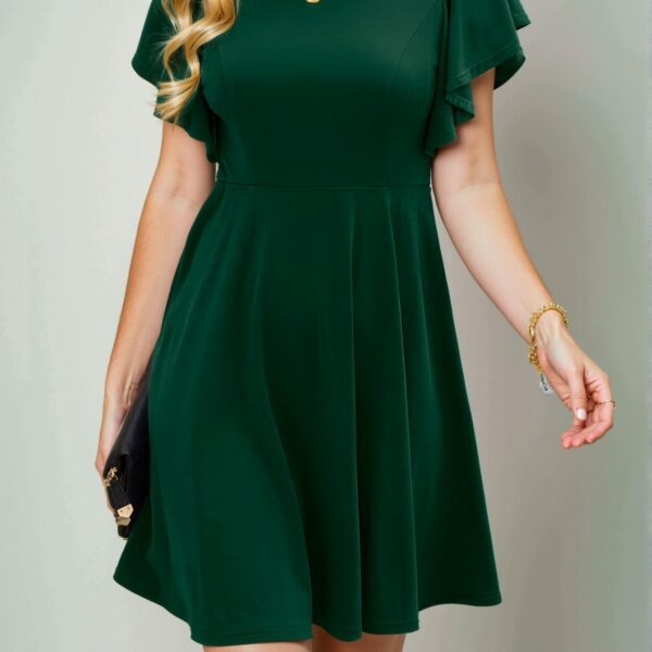 Elegant Dark Green Stylish A-line Dress with Flounce Sleeves for Effortless Spring and Summer Fashion – Chic, Classy and Trendy Fashion Style to Dress to Impress