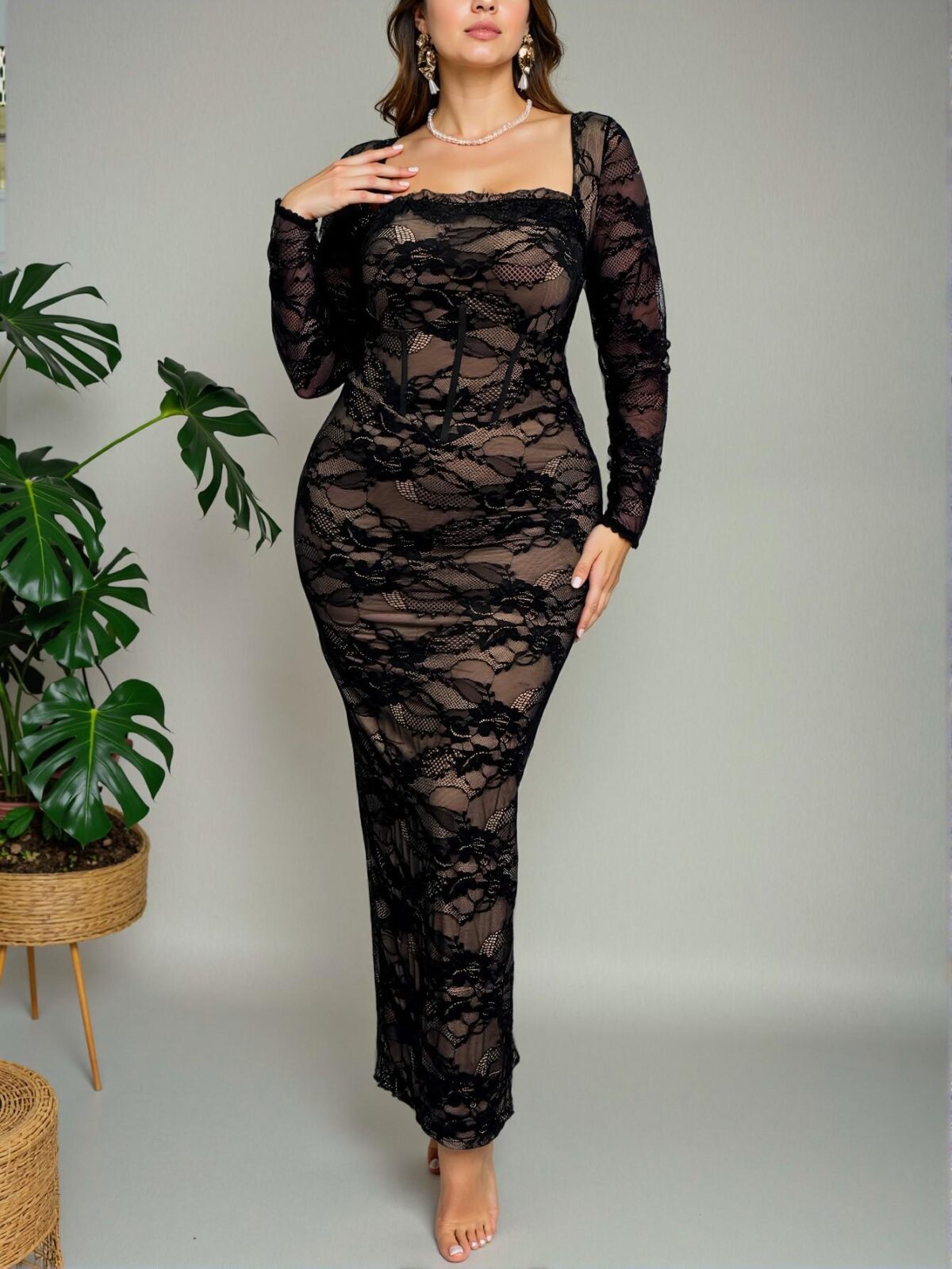 Elegant Black Bodycon Lace Dress with Long Sleeves and High Slit for Parties, Dates, and Evenings - Chic, Classy and Trendy Fashion Style to Dress to Impress - Image 5