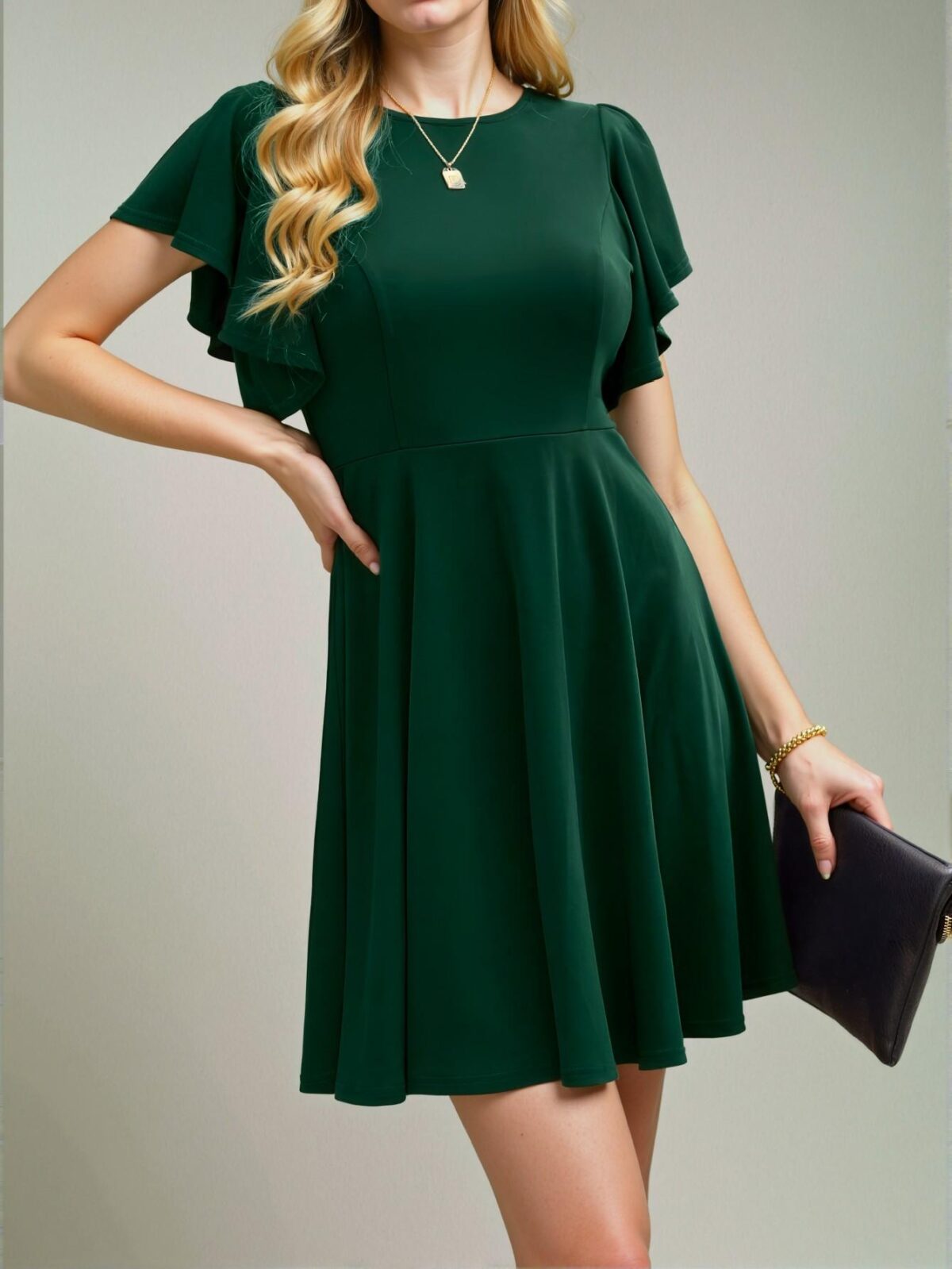 Elegant Dark Green Stylish A-line Dress with Flounce Sleeves for Effortless Spring and Summer Fashion – Chic, Classy and Trendy Fashion Style to Dress to Impress - Image 4