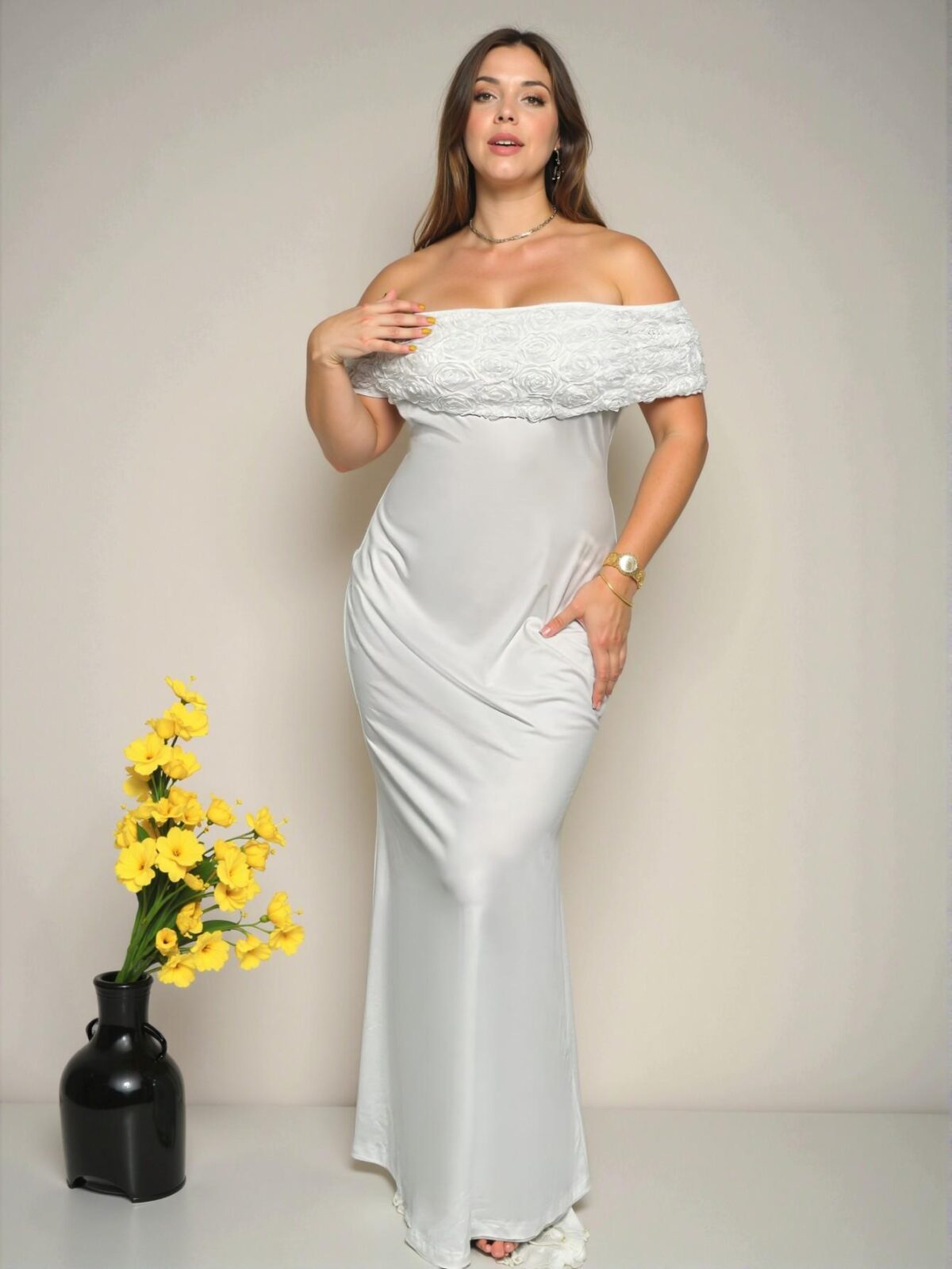Elegant White One Shoulder Bodycon Dress with Floral Texture for Special Occasions - Chic, Classy and Trendy Fashion Style to Dress to Impress - Image 4
