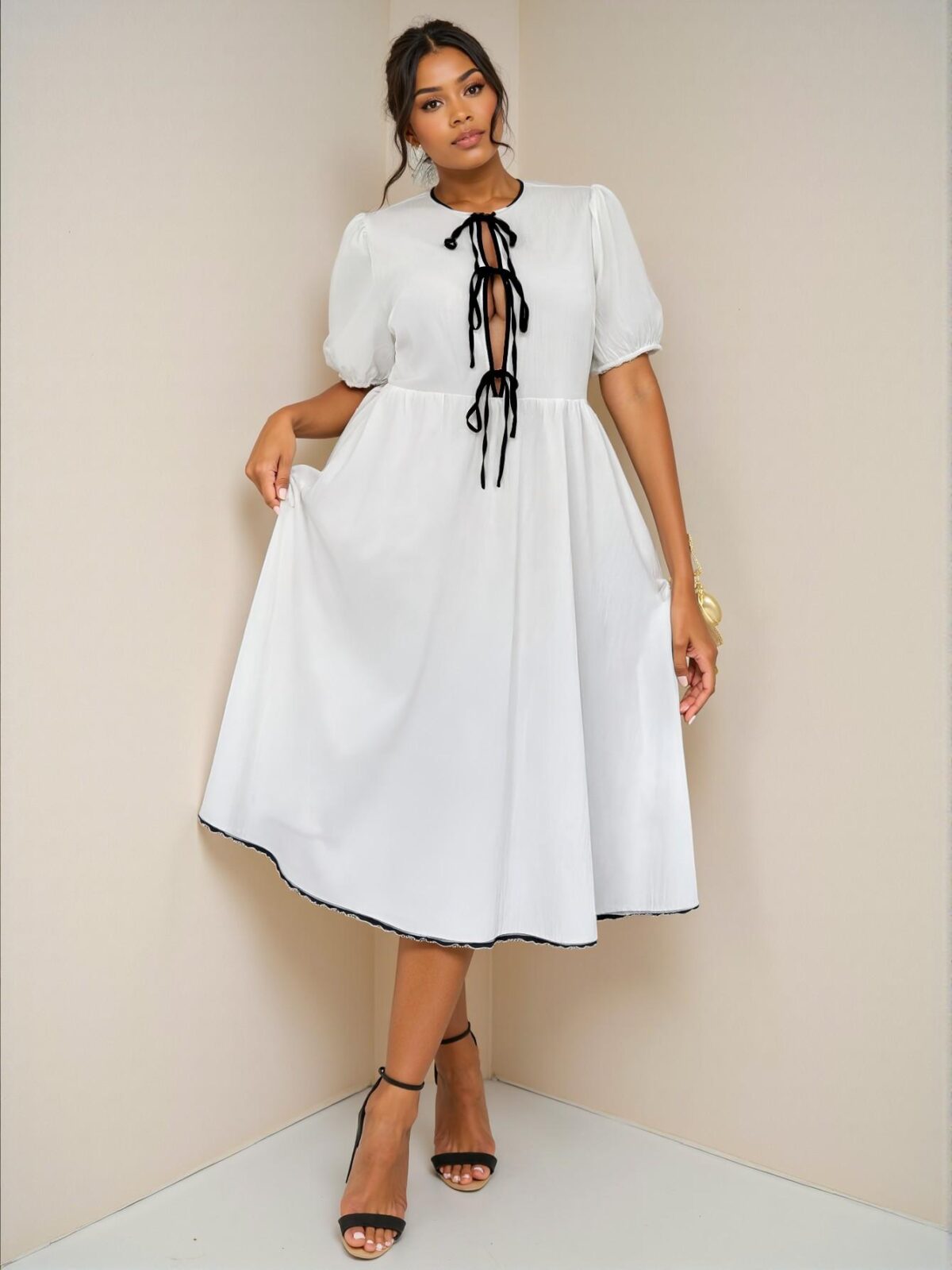 Elegant Black and White Color Block Puff Sleeve A-Line Midi Dress with Bowknot Detail for Various Occasions – Chic, Classy, and Trendy Fashion Style to Dress to Impress