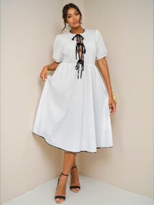 Elegant Black and White Color Block Puff Sleeve A-Line Midi Dress with Bowknot Detail for Various Occasions – Chic, Classy, and Trendy Fashion Style to Dress to Impress