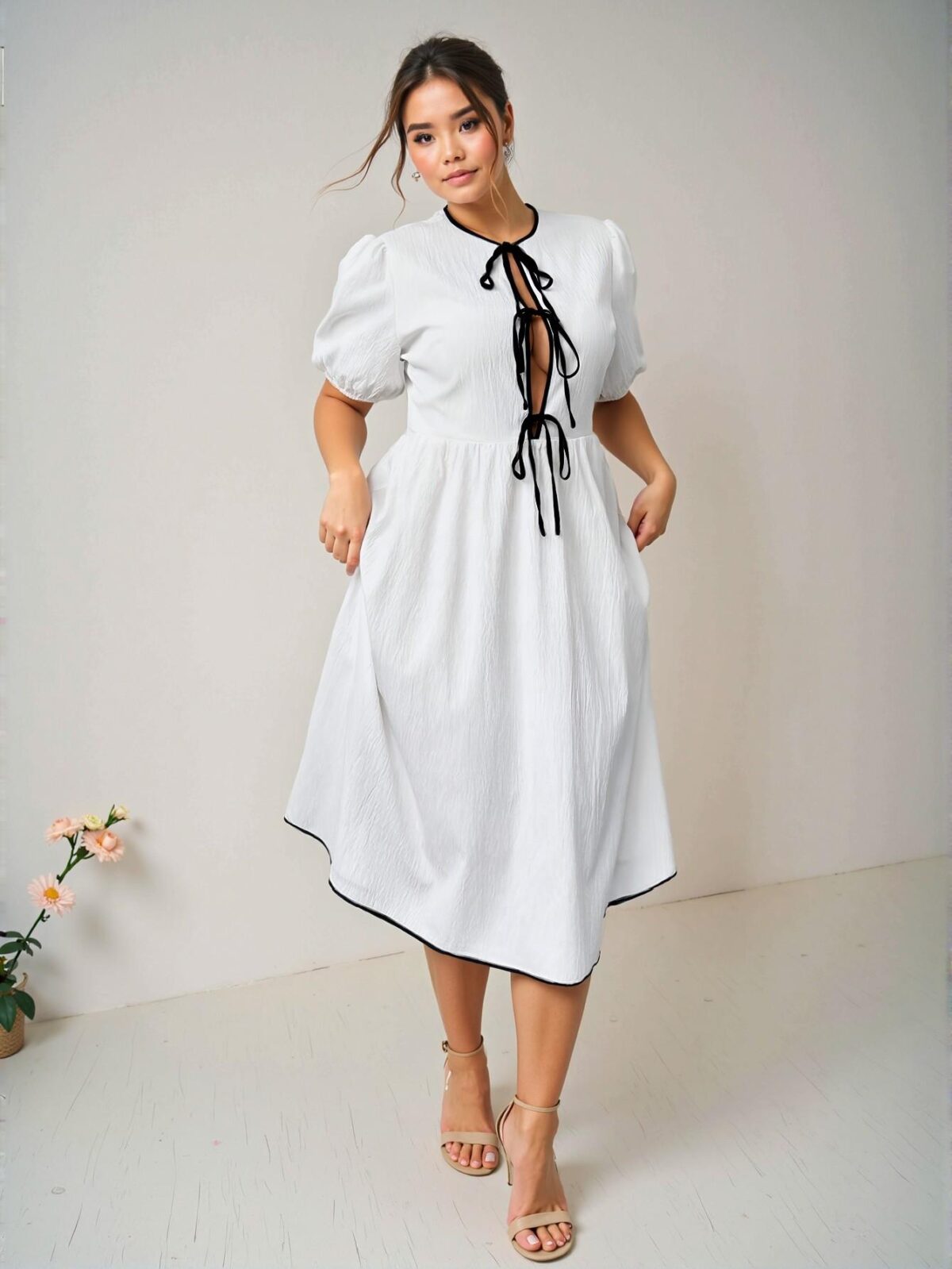 Elegant Black and White Color Block Puff Sleeve A-Line Midi Dress with Bowknot Detail for Various Occasions – Chic, Classy, and Trendy Fashion Style to Dress to Impress - Image 2