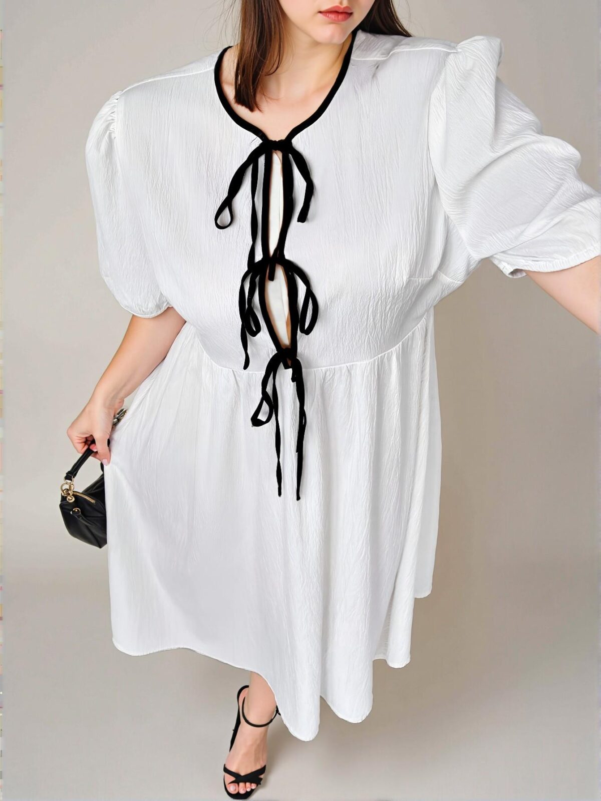 Elegant Black and White Color Block Puff Sleeve A-Line Midi Dress with Bowknot Detail for Various Occasions – Chic, Classy, and Trendy Fashion Style to Dress to Impress - Image 3