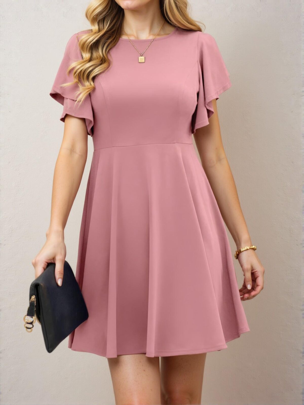 Elegant Watermelon Pink Flounce Sleeve A-Line Mini Dress for Spring and Summer Chic, Classy and Trendy Fashion Style to Dress to Impress - Image 3