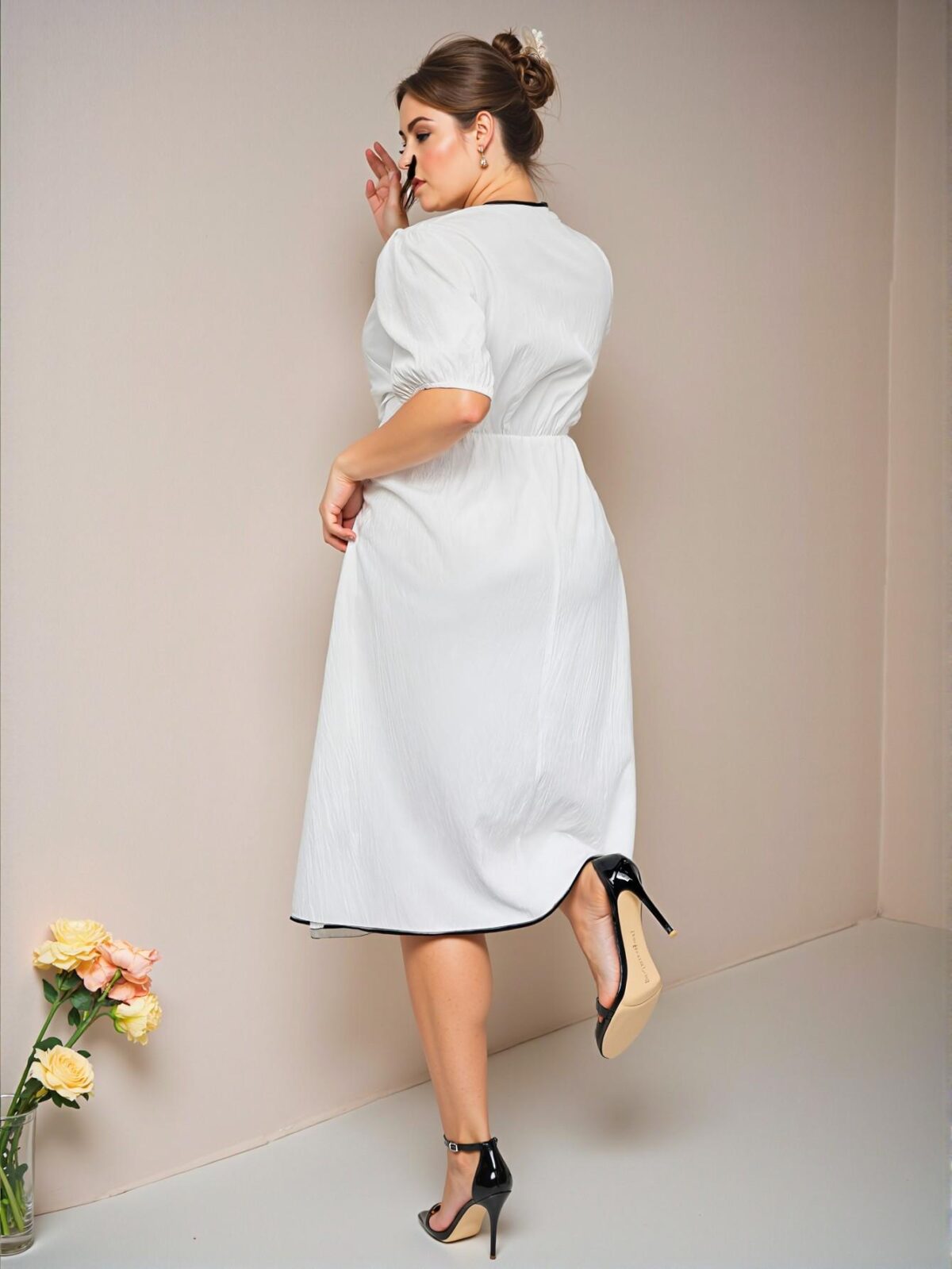 Elegant Black and White Color Block Puff Sleeve A-Line Midi Dress with Bowknot Detail for Various Occasions – Chic, Classy, and Trendy Fashion Style to Dress to Impress - Image 5