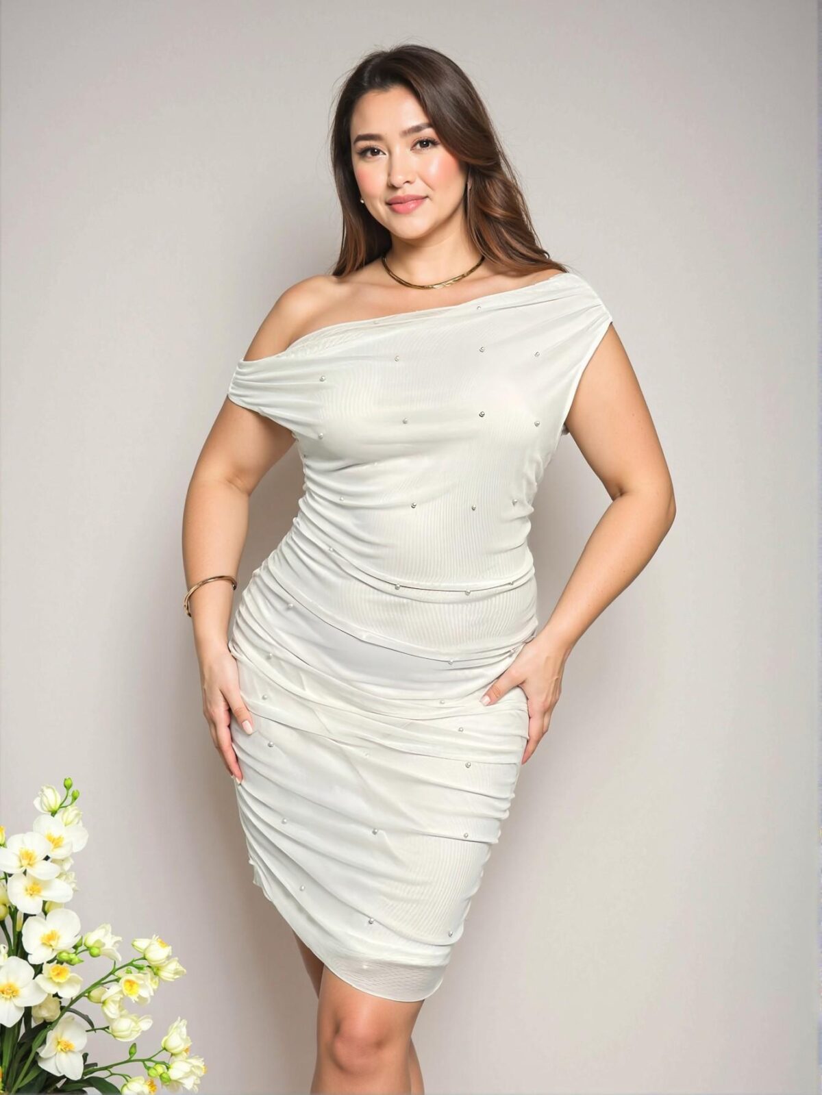 Elegant White Asymmetrical Neck Ruffled Bodycon Mini Dress with Pearl Decor for Spring/Summer Weddings - Chic, Classy and Trendy Fashion Style to Dress to Impress