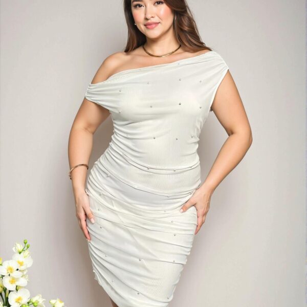 Elegant White Asymmetrical Neck Ruffled Bodycon Mini Dress with Pearl Decor for Spring/Summer Weddings - Chic, Classy and Trendy Fashion Style to Dress to Impress