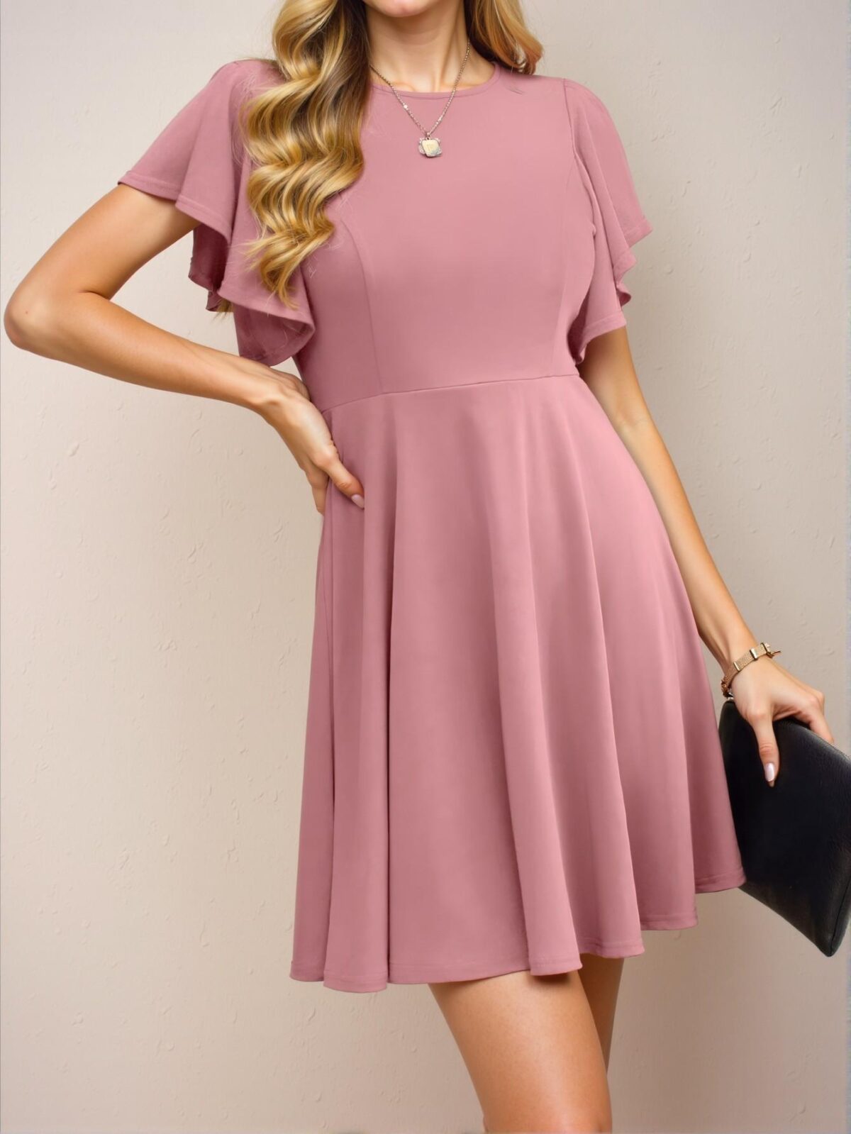 Elegant Watermelon Pink Flounce Sleeve A-Line Mini Dress for Spring and Summer Chic, Classy and Trendy Fashion Style to Dress to Impress - Image 5