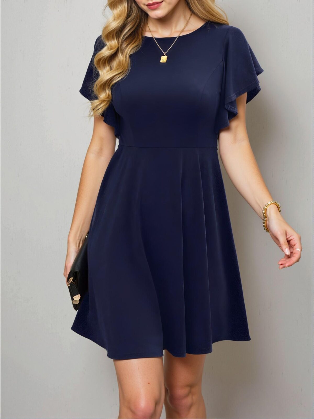 Elegant Navy Blue Flounce Sleeve Simple Casual A-Line Mini Dress Perfect for Spring and Summer Chic, Classy and Trendy Fashion Style to Dress to Impress