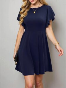 Elegant Navy Blue Flounce Sleeve Simple Casual A-Line Mini Dress Perfect for Spring and Summer Chic, Classy and Trendy Fashion Style to Dress to Impress