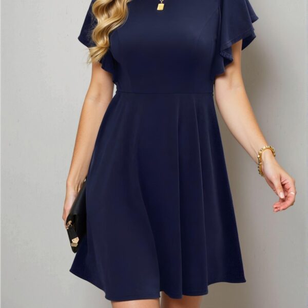 Elegant Navy Blue Flounce Sleeve Simple Casual A-Line Mini Dress Perfect for Spring and Summer Chic, Classy and Trendy Fashion Style to Dress to Impress