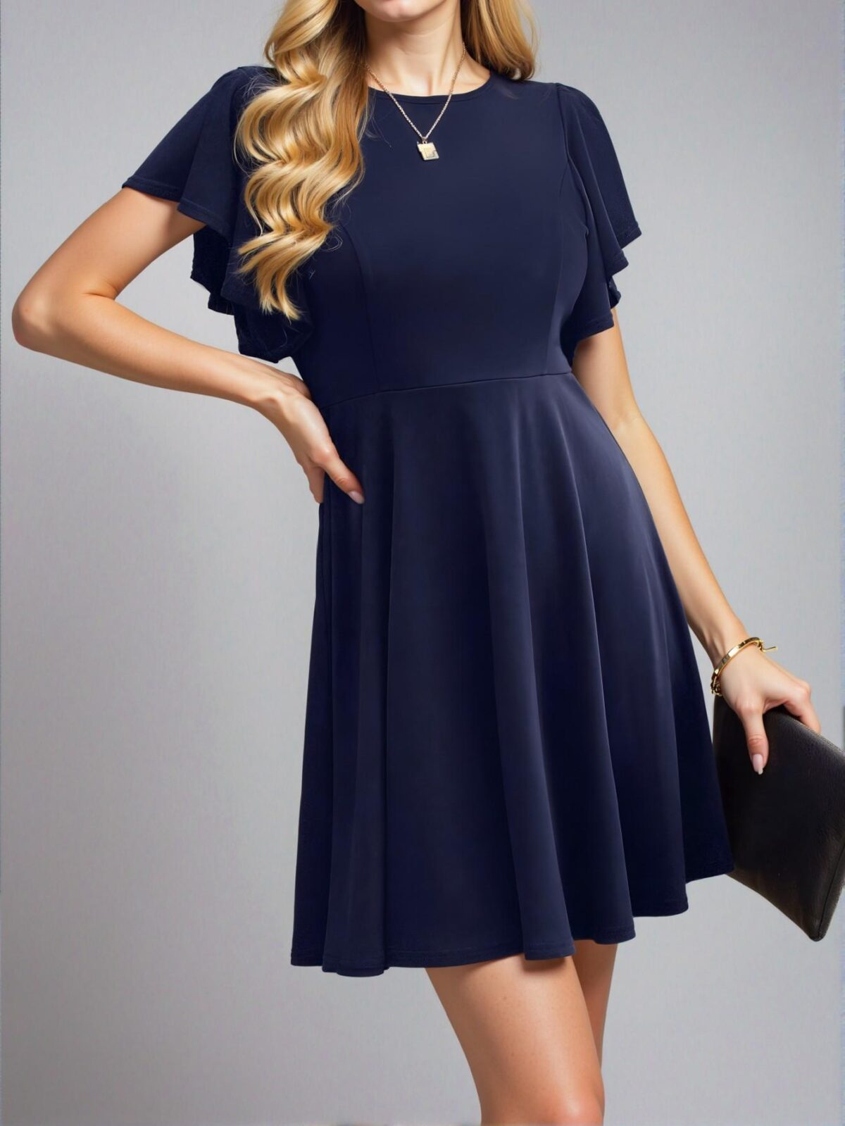 Elegant Navy Blue Flounce Sleeve Simple Casual A-Line Mini Dress Perfect for Spring and Summer Chic, Classy and Trendy Fashion Style to Dress to Impress - Image 3