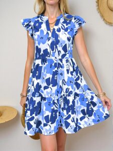 Elegant Blue Flounce-Sleeve High-Waisted Boho Dress for Spring and Summer - Chic, Classy and Trendy Fashion Style to Dress to Impress