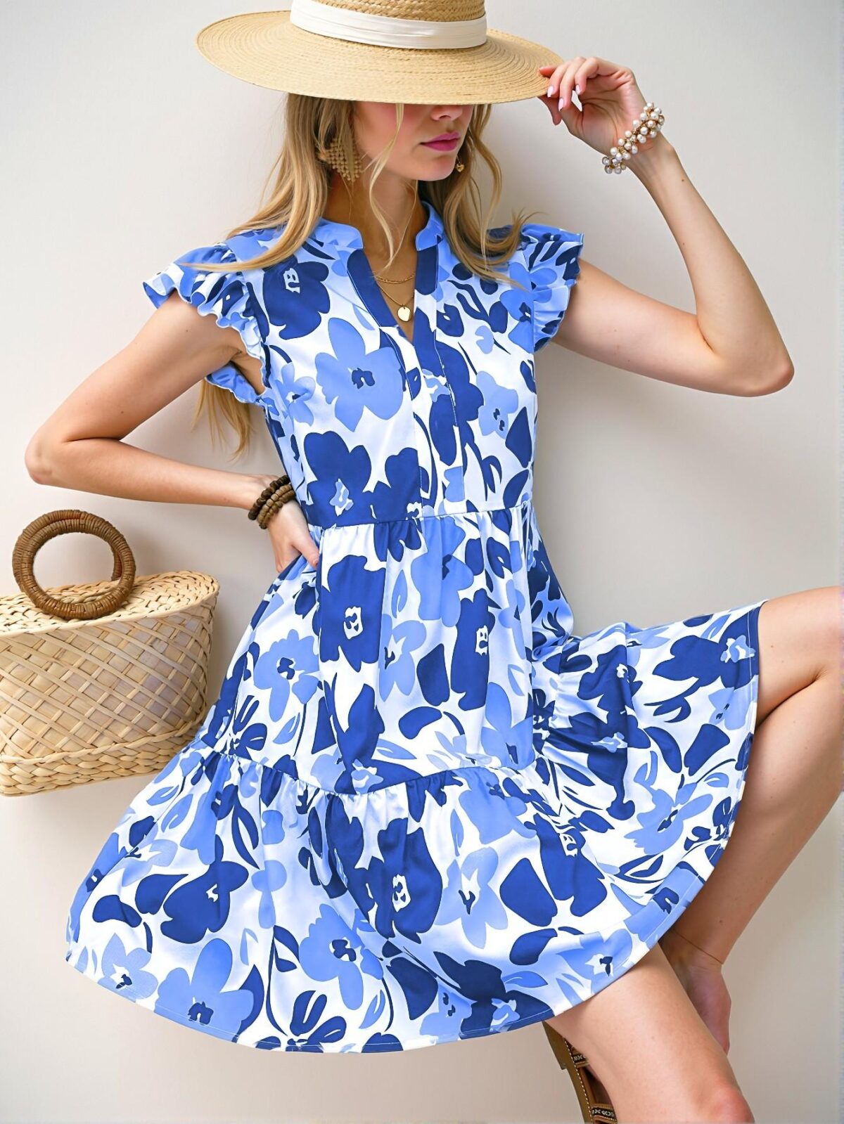 Elegant Blue Flounce-Sleeve High-Waisted Boho Dress for Spring and Summer - Chic, Classy and Trendy Fashion Style to Dress to Impress - Image 3