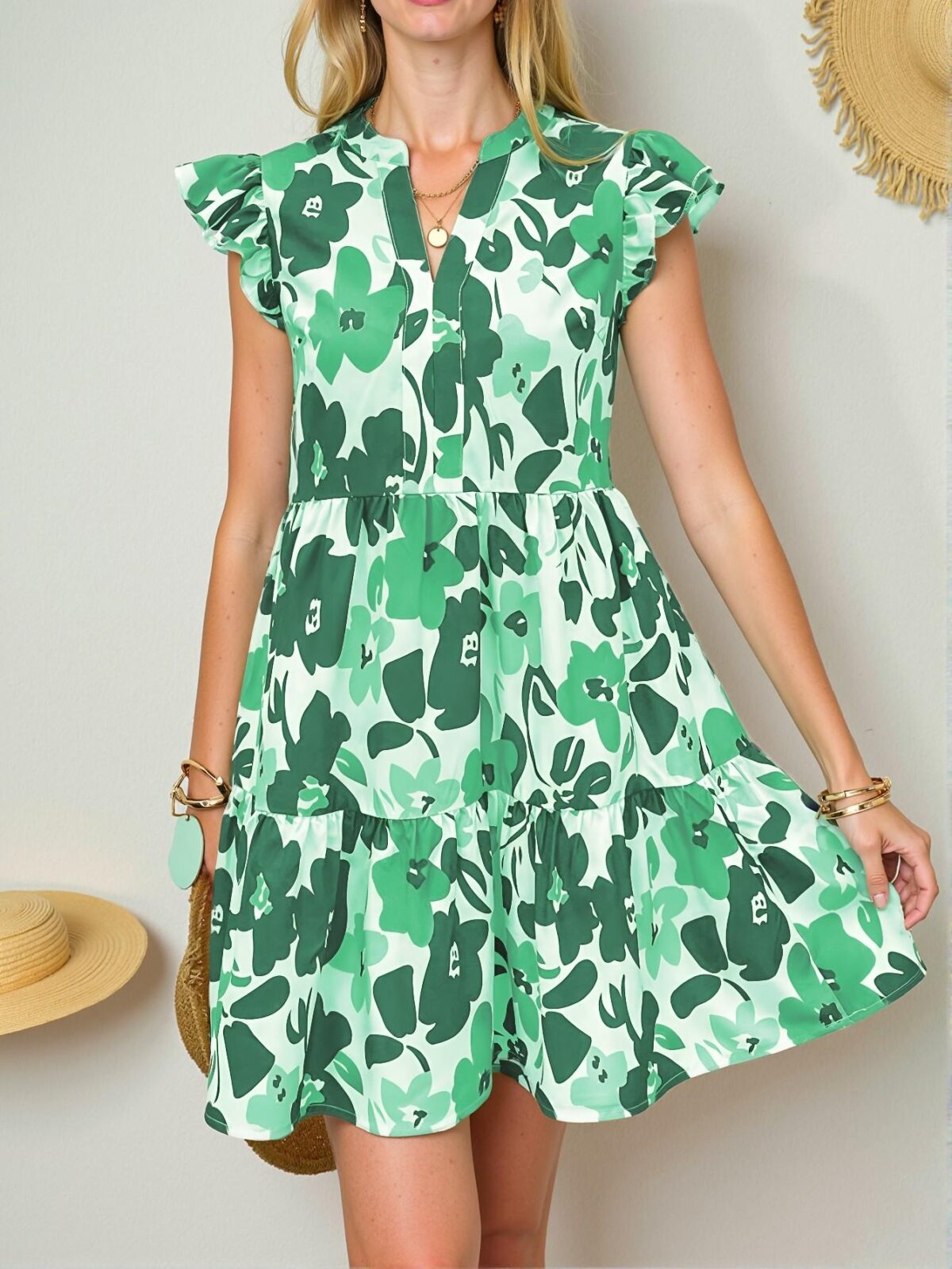 Elegant Green Flowy Floral Print V-Neck Cap Sleeve Dress for Spring and Summer Getaway Chic, Classy and Trendy Fashion Style to Dress to Impress