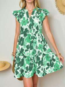 Elegant Green Flowy Floral Print V-Neck Cap Sleeve Dress for Spring and Summer Getaway Chic, Classy and Trendy Fashion Style to Dress to Impress