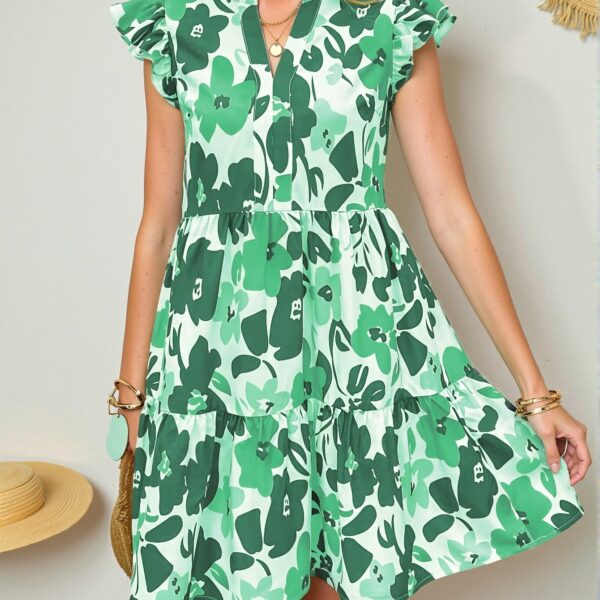 Elegant Green Flowy Floral Print V-Neck Cap Sleeve Dress for Spring and Summer Getaway Chic, Classy and Trendy Fashion Style to Dress to Impress