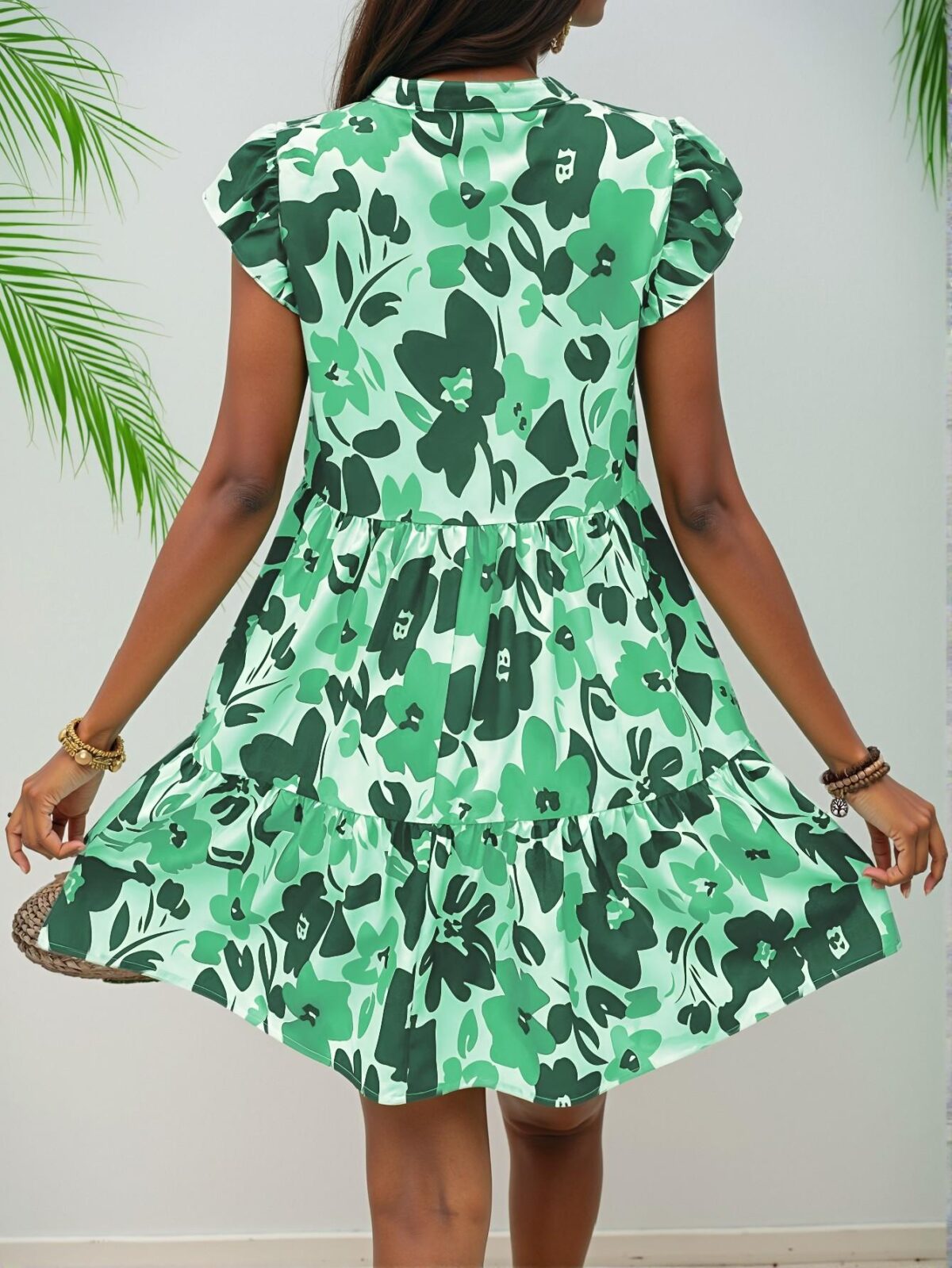 Elegant Green Flowy Floral Print V-Neck Cap Sleeve Dress for Spring and Summer Getaway Chic, Classy and Trendy Fashion Style to Dress to Impress - Image 2
